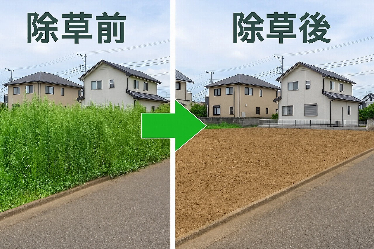 取手市の土地売却で雑草対策をした除草前後のイメージ写真
