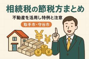 相続税の節税方法を不動産活用で解説するイラスト｜特例や注意点をわかりやすくまとめた図（取手市・守谷市対応）