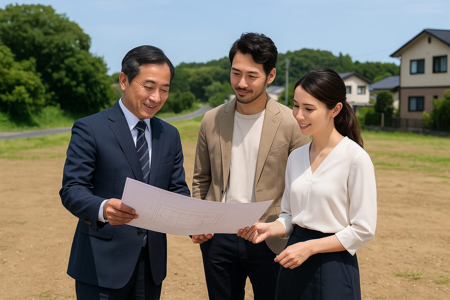 「更地の前で不動産担当者が若い夫婦に土地の図面を説明している様子。住宅購入前の土地選びの相談シーン」