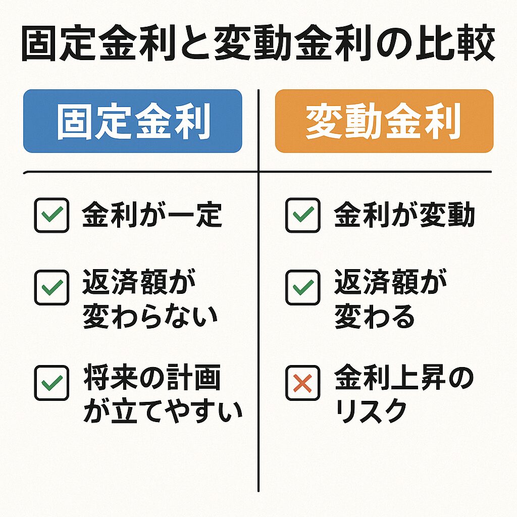 固定金利と変動金利の違いを比較した図解。メリット・デメリットを並列で表示。