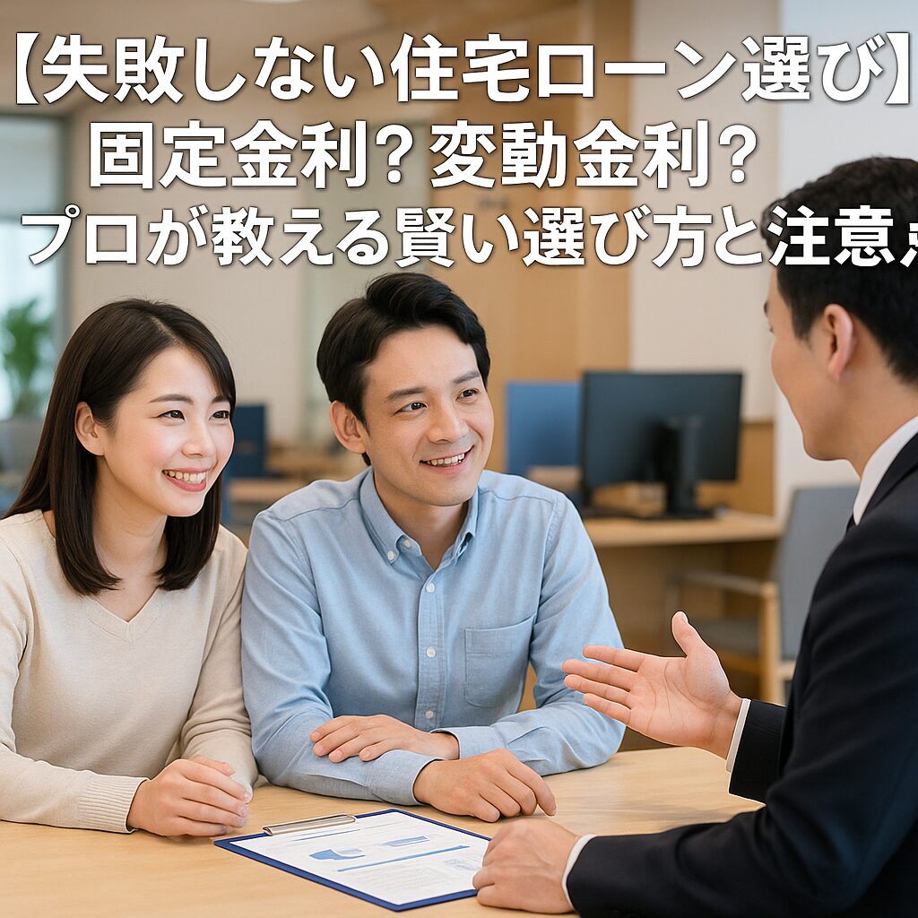 「住宅ローンの相談をする若い夫婦と銀行員｜固定金利・変動金利の違いを検討中」