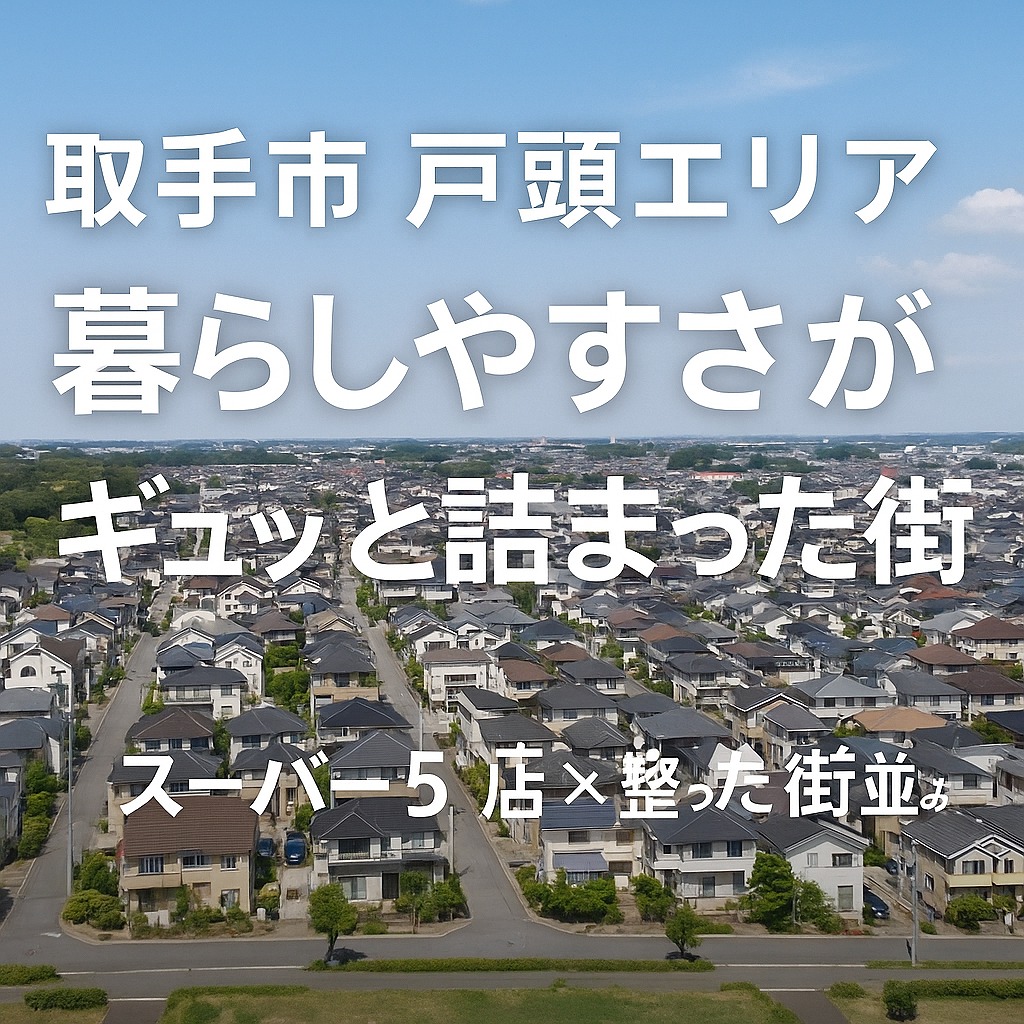 取手市戸頭エリアの整った住宅街の空撮写真と、「暮らしやすさがギュッと詰まった街 スーパー5店×整った街並み」の文字入りバナー