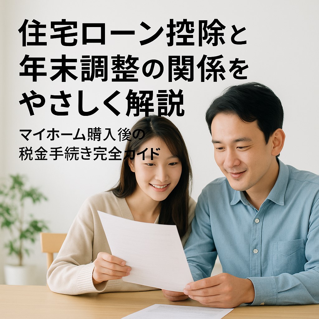 若い夫婦がリビングで住宅ローンの書類を見ながら相談している写真。住宅ローン控除と年末調整の関係を解説する記事のイメージ。