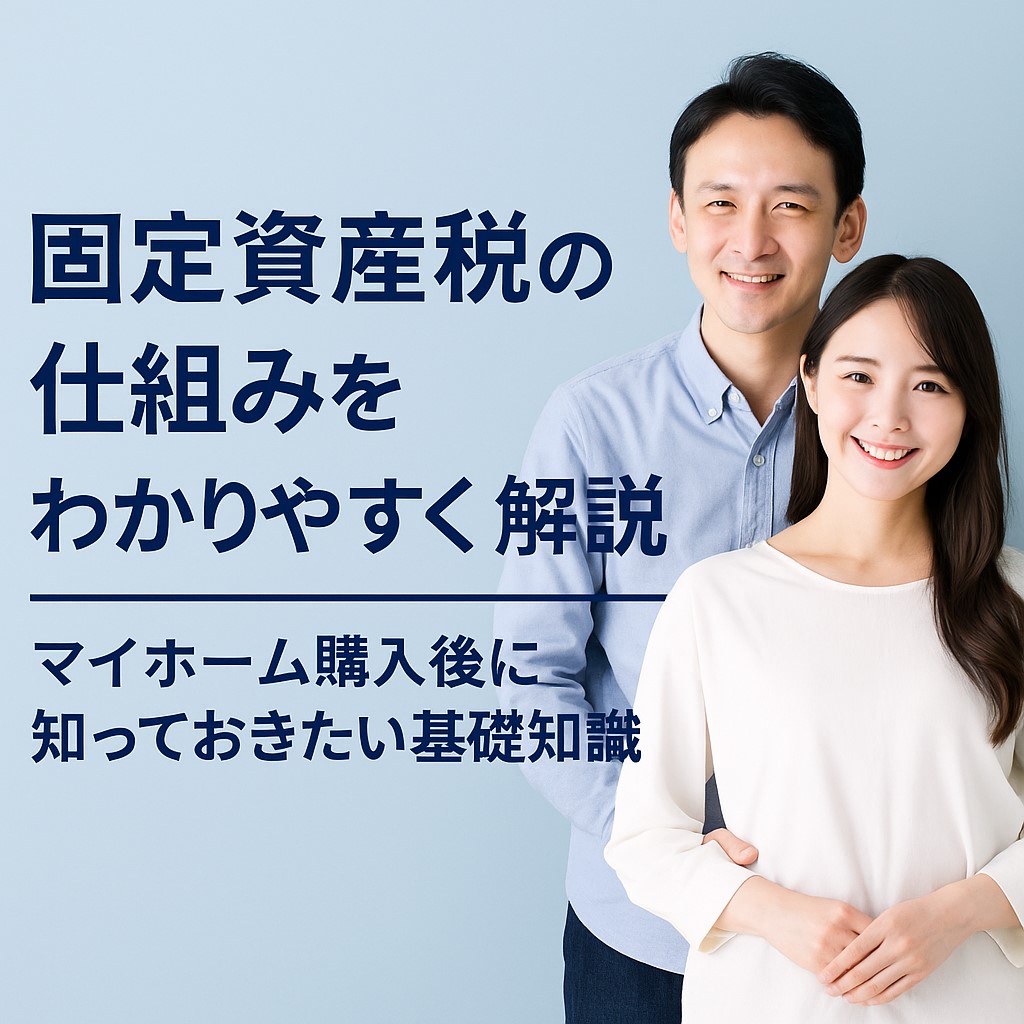 若い夫婦が新築の家の前で笑顔を見せるイメージ写真。固定資産税の仕組みを解説する記事のアイキャッチ。